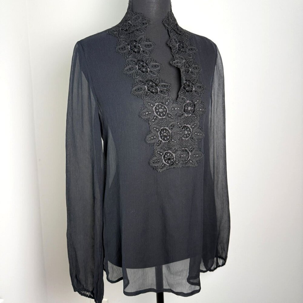 Lucky Brand Vintage Silk Blouse Sheer Lace Trim Black XS Whismygoth Fairy